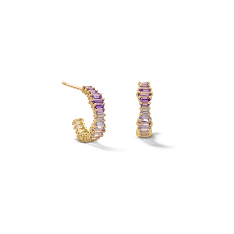 ​​​​​​​​​​​​​​10K Solid Gold Purple CZ Ombre Baguette Cut Huggie Hoops