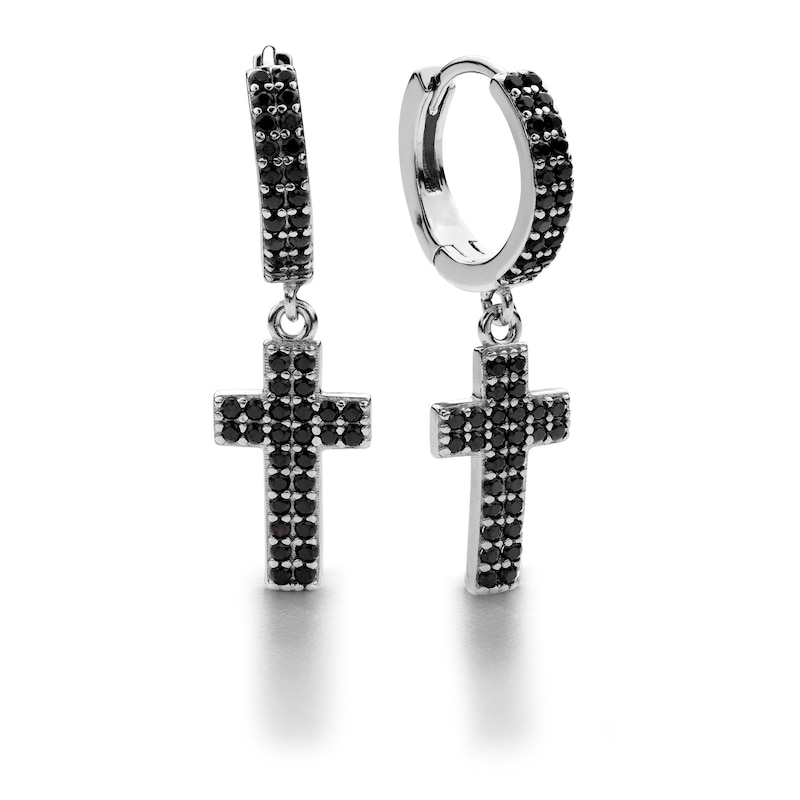 Main Image 1 of Sterling Silver Black CZ Double Row Cross Dangle Huggies