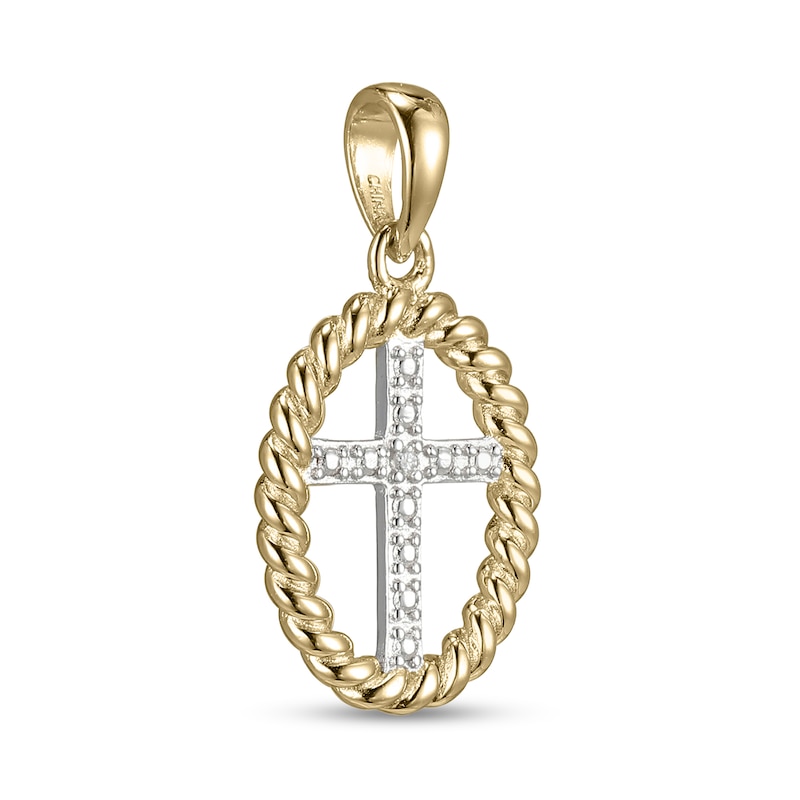 Main Image 2 of 18K Plated Gold Diamond Accent Rope Outline Cross Two-Tone Necklace Charm