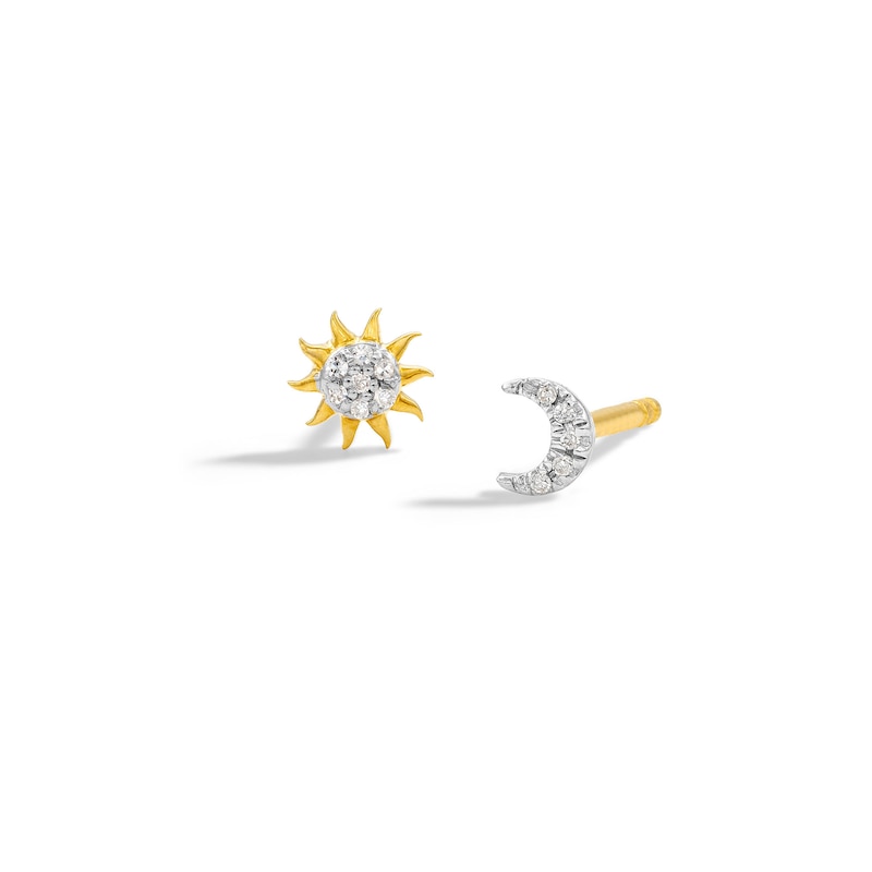 Main Image 1 of 14K Plated Gold Diamond Accent Moon and Sun Mismatch Studs