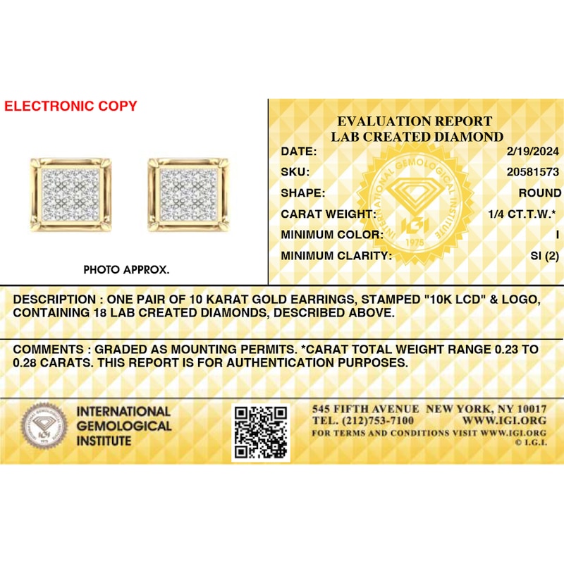 Main Image 2 of ​​​​​​​​​​​​​​10K Solid Gold 1/4 CT. T.W. Lab-Created Diamond Nine Stone Square Studs