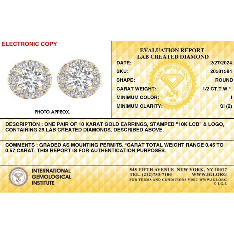 Main Image 3 of ​​​​​​​​​​​​​​10K Solid Gold 1/2 CT. T.W. Lab-Created Diamond Small Round Halo Studs