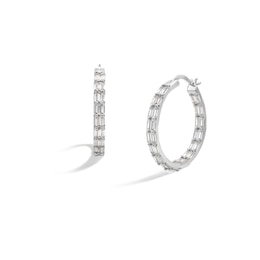 Sterling Silver CZ Baguette Two Row Hoops