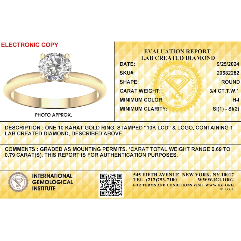 Main Image 3 of ​​​​​​​​​​​​​​10K Solid Gold 3/4 CT. T.W. Lab-Created Diamond Solitaire Ring