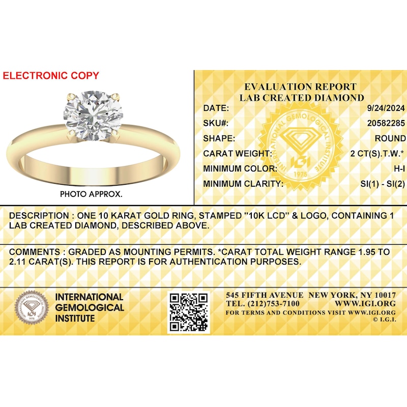 Main Image 3 of ​​​​​​​​​​​​​​10K Solid Gold 2 CT. T.W. Lab-Created Diamond Solitaire Ring