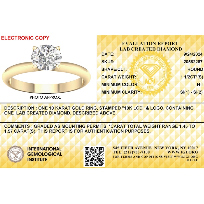 Main Image 3 of ​​​​​​​​​​​​​​10K Solid Gold 1 1/2 CT. T.W. Lab-Created Diamond Solitaire Ring