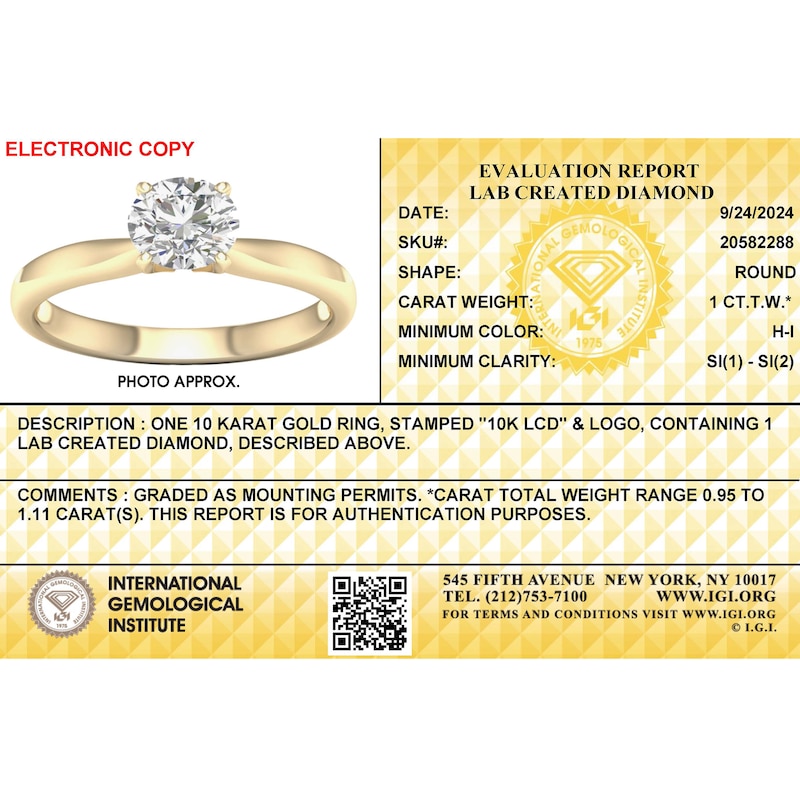 Main Image 4 of 10K Gold 1 CT. T.W. Lab-Created Diamond Solitaire Ring