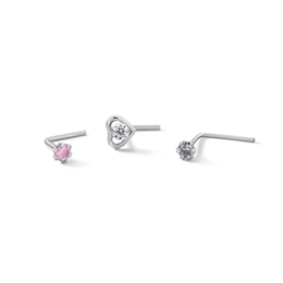 14K Solid White Gold CZ Three Piece Nose Stud Set - 24G 1/4&quot;