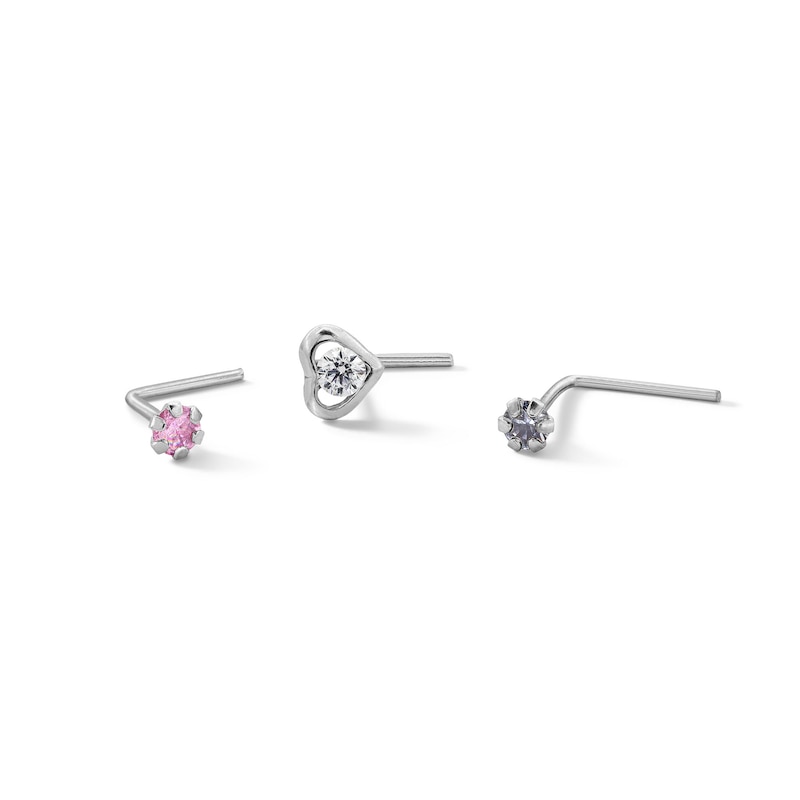 14K Solid White Gold CZ Three Piece Nose Stud Set - 24G 1/4"