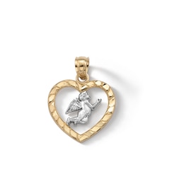 10K Solid Gold Diamond Cut Cherub Heart Two-Tone Necklace Charm