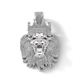 Sterling Silver CZ and Synthetic Garnet Crowned Lion Head Necklace Charm