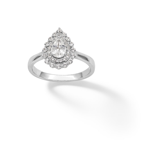 Sterling Silver CZ Double Halo Pear Ring - Size 7