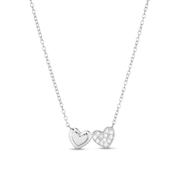 Sterling Silver CZ Double Hearts Frame Pendant Necklace - 16&quot; + 2&quot;
