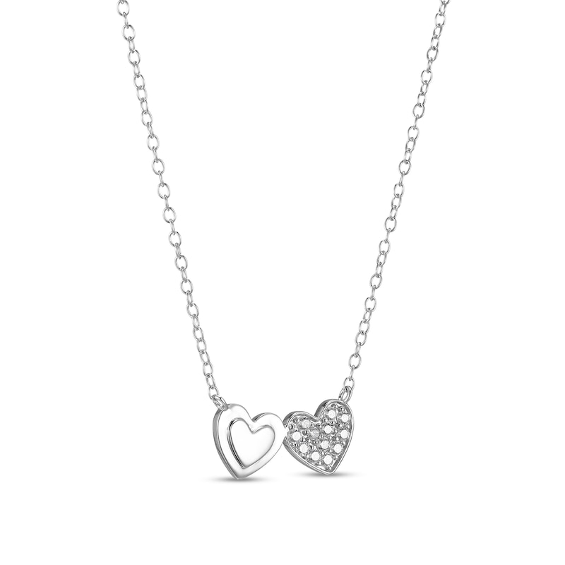 Sterling Silver CZ Double Hearts Frame Pendant Necklace - 16" + 2"