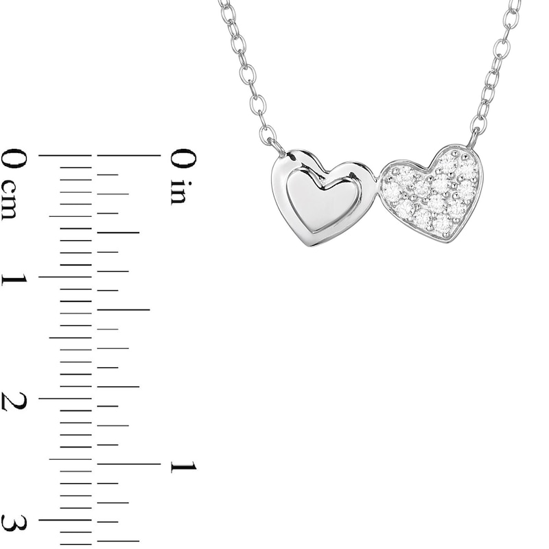 Sterling Silver CZ Double Hearts Frame Pendant Necklace - 16" + 2"