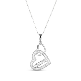 ​​​​​​​​​​​​​​Sterling Silver CZ Mom Double Heart Pendant Necklace - 16&quot; + 2&quot;