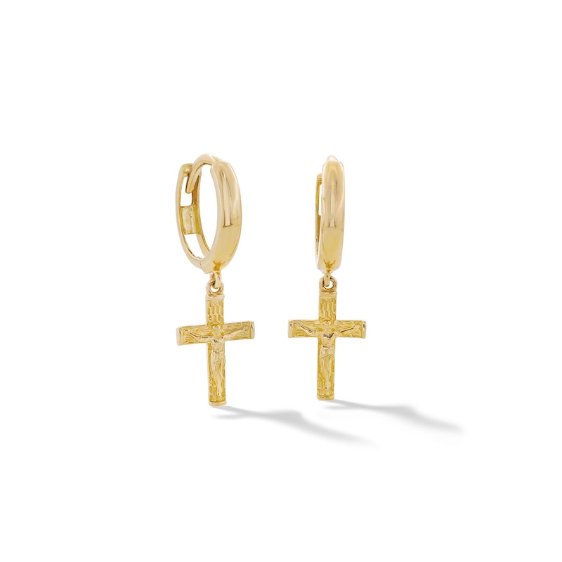 Main Image 1 of 10K Solid Gold Crucifix Huggie Hoops