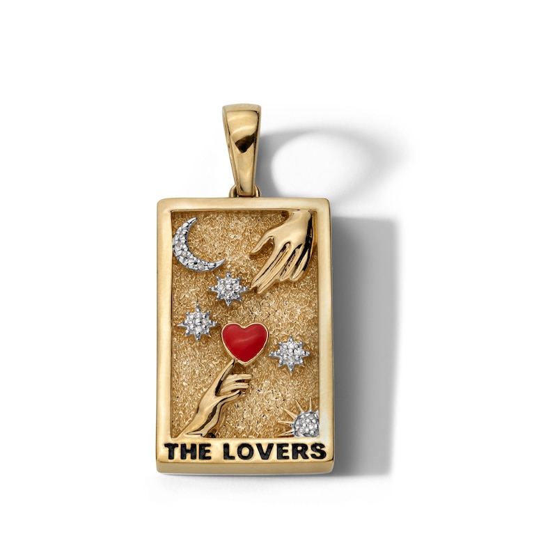 14K Gold Plated Diamond Accent and Red Enamel The Lovers Tarot Card Necklace Charm