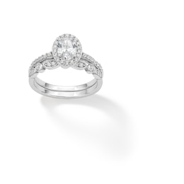 Sterling Silver CZ Oval Halo with Band Ring Set - Size 7