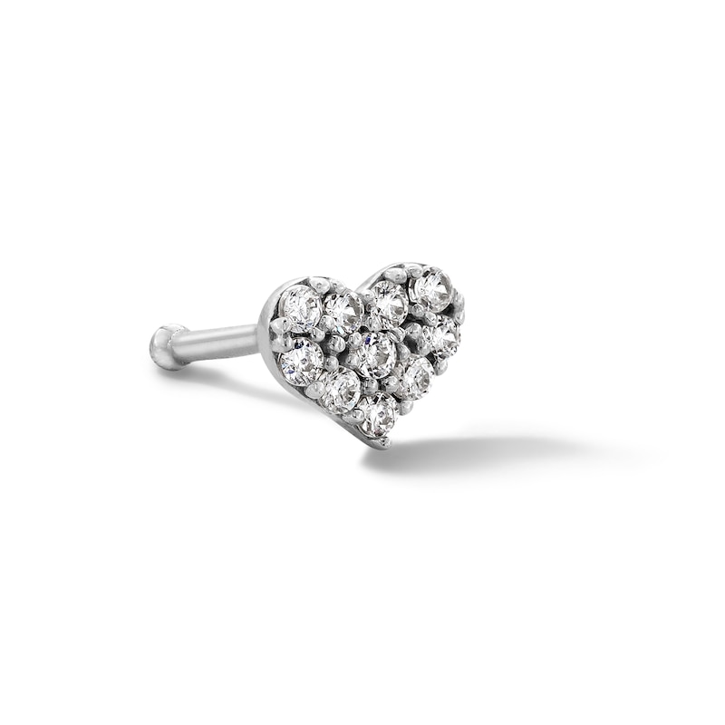 14K Solid White Gold CZ Heart Nose Stud - 22G