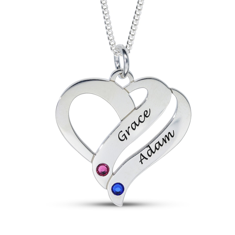 Main Image 1 of Sterling Silver Birthstone Two Name Forever Hearts Curb Chain - 18&quot;