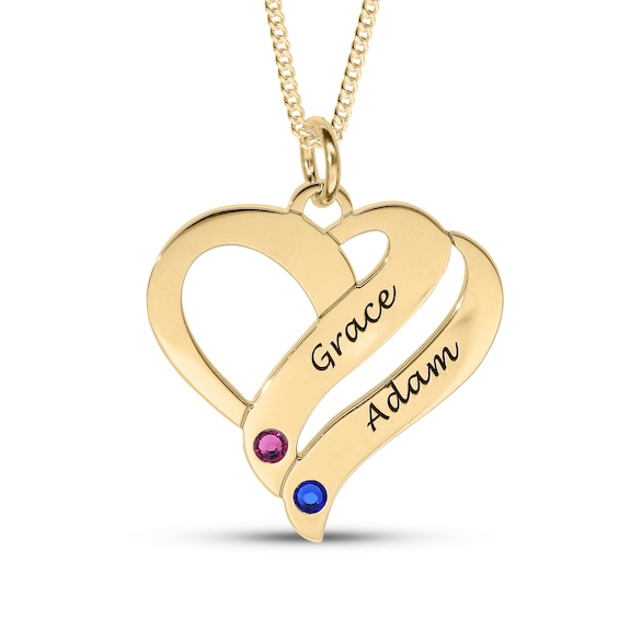 14K Gold Plated Birthstone Two Name Forever Hearts Curb Chain - 18"