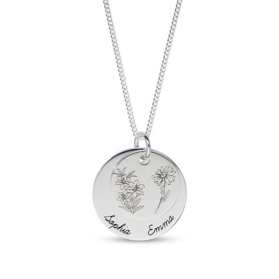 Sterling Silver Birth Flower Two Name Disc Curb Chain - 18"