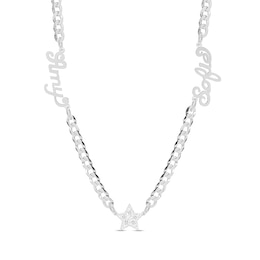 Sterling Silver CZ Two Name Script Center Star Curb Chain - 18 in.