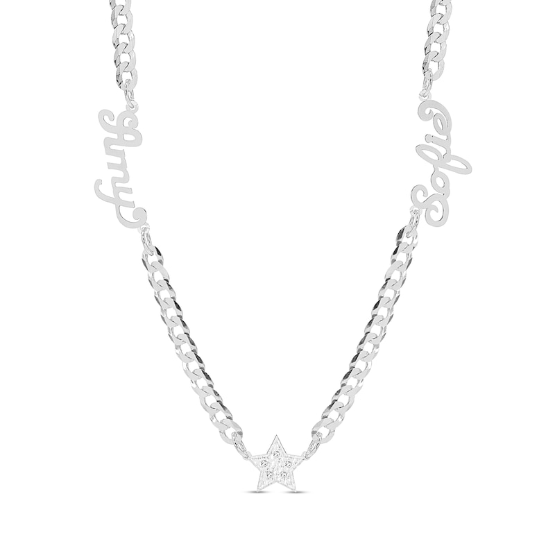 Main Image 1 of Sterling Silver CZ Two Name Script Center Star Curb Chain - 18 in.