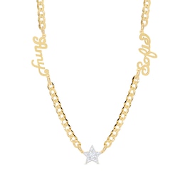 14K Gold Plated CZ Two Name Script Center Star Two-Tone Curb Chain - 18 in.