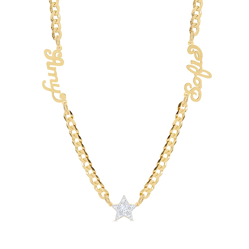 14K Gold Plated CZ Two Name Script Center Star Two-Tone Curb Chain - 18 in.