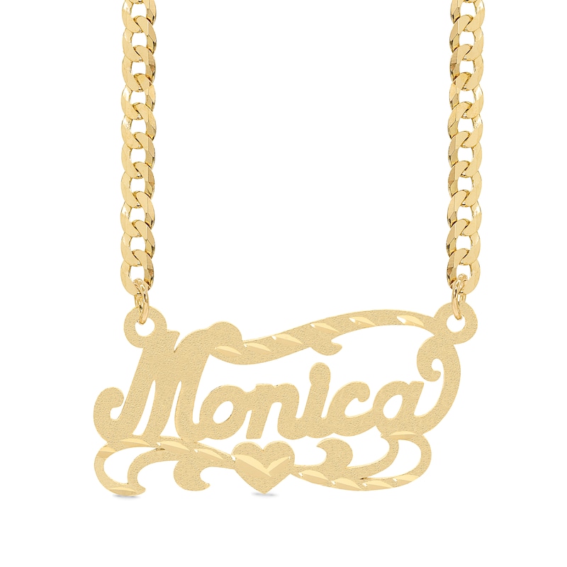 Main Image 1 of 14K Gold Plated Diamond Cut Script Ribbon Heart Nameplate Curb Chain - 18&quot;