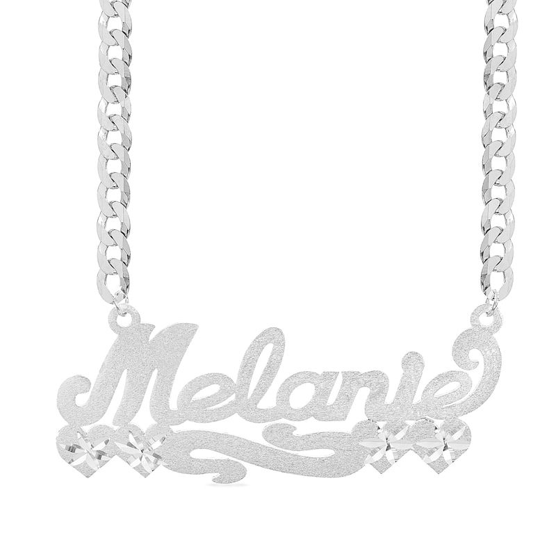 Main Image 1 of Sterling Silver Diamond Cut Script Hearts Nameplate Curb Chain - 18&quot;