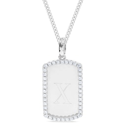 Sterling Silver CZ Initial Dog Tag Pendant Necklace - 18&quot;