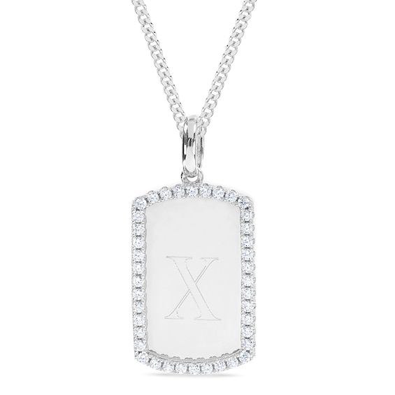 Sterling Silver CZ Initial Dog Tag Pendant Necklace - 18"