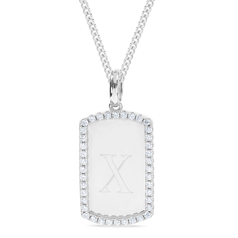 Sterling Silver CZ Initial Dog Tag Pendant Necklace - 18"