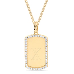 14K Gold Plated CZ Initial Dog Tag Pendant Necklace - 18&quot;
