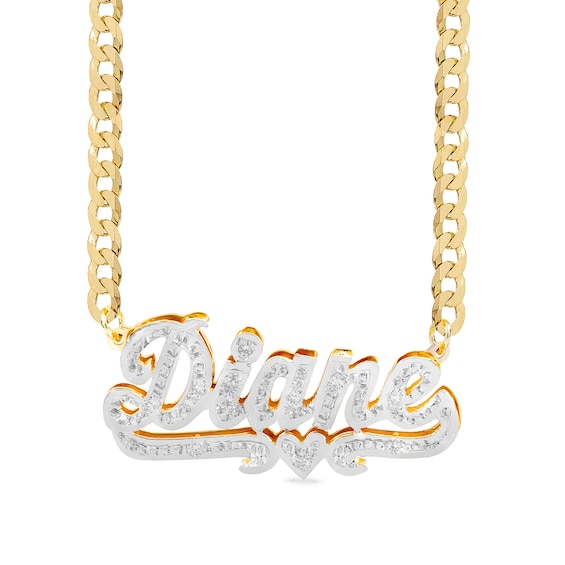 14K Gold Plated 1/10 CT. T.W. Diamond Script with Heart Nameplate Two-Tone Curb Chain - 18"