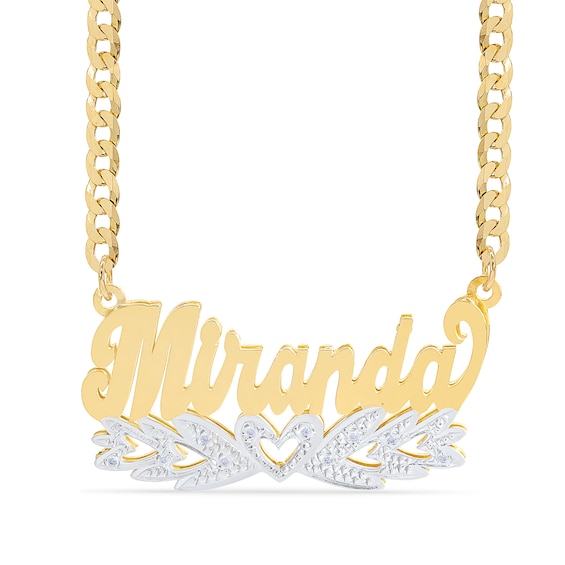 14K Gold Plated 1/10 CT. T.W. Diamond Script Nameplate with Hearts Two-Tone Curb Chain - 18"