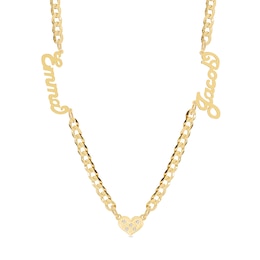 14K Gold Plated CZ Two Name Script Center Heart Curb Chain - 18 in.