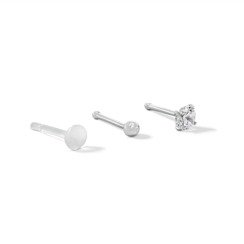 14K Hollow and Semi-Solid White Gold CZ Nose Stud Set - 22G