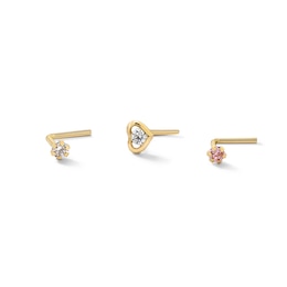 14K Solid Gold CZ Three Piece Nose Stud Set - 20G 1/4&quot;