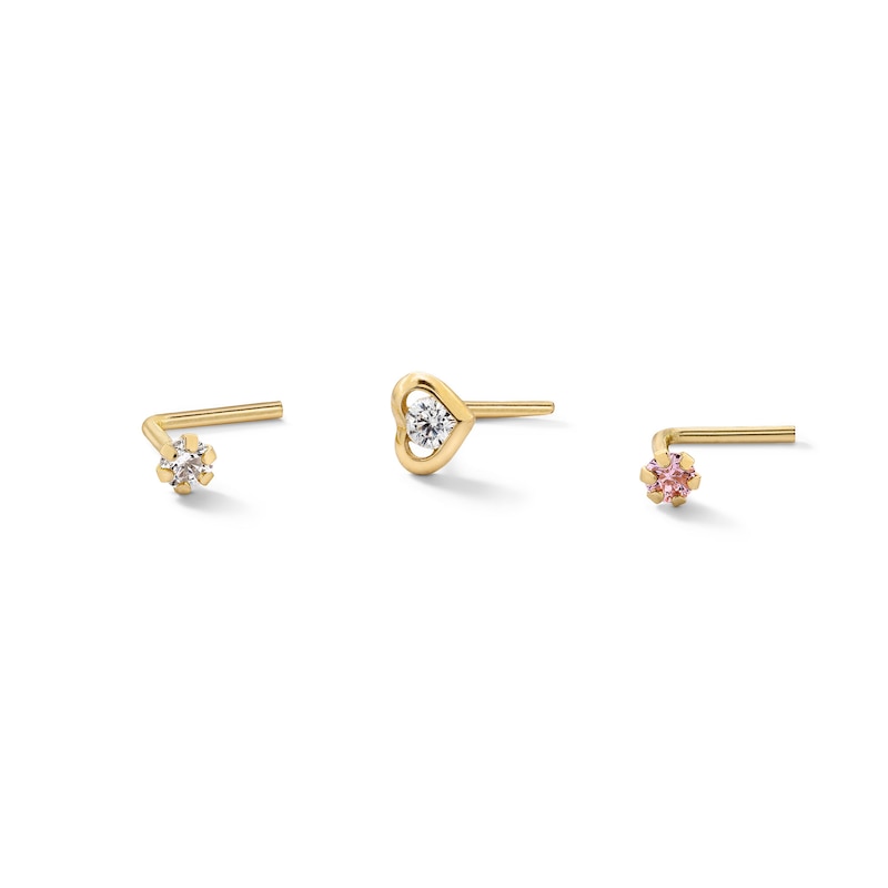 14K Solid Gold CZ Three Piece Nose Stud Set - 20G 1/4"