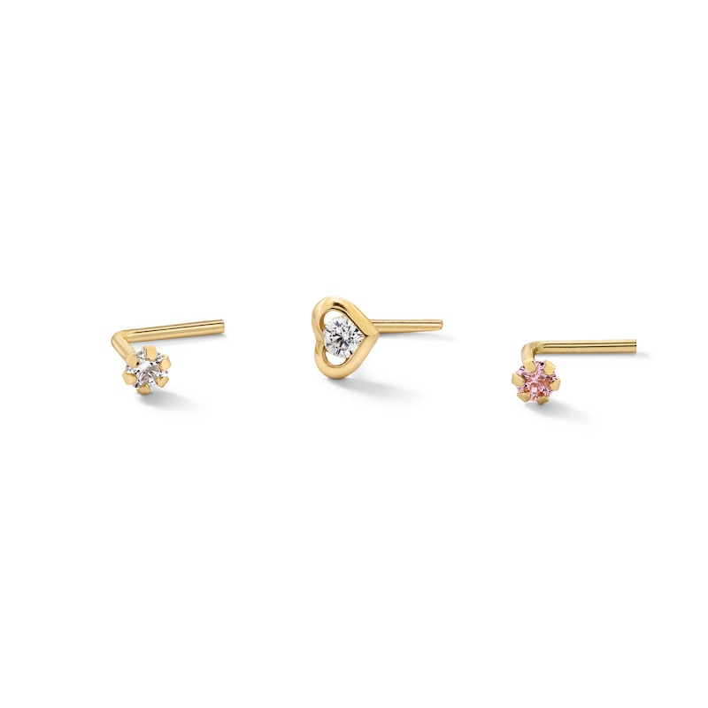 14K Solid Gold CZ Three Piece Nose Stud Set - 22G 1/4"