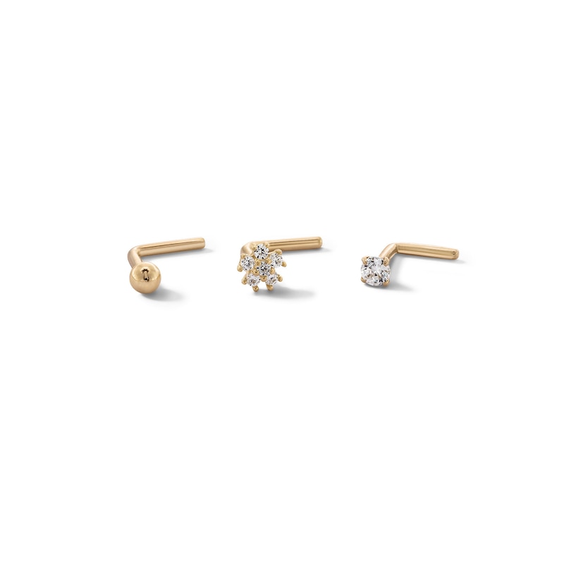 14K Semi-Solid, Hollow, and Solid Gold CZ Three Nose Stud Set - 20G