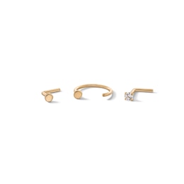 14K Semi-Solid Gold CZ Three Piece Nose Stud Set - 20G