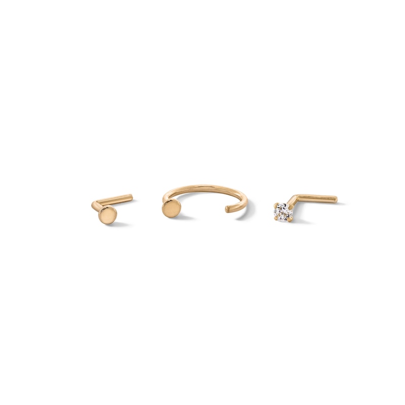 14K Semi-Solid Gold CZ Three Piece Nose Stud Set - 20G