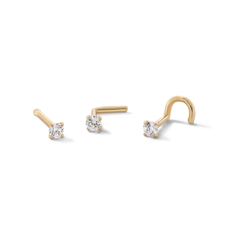 14K Semi-Solid Gold CZ Bone, L-Shape and Screw Nose Stud Set - 20G