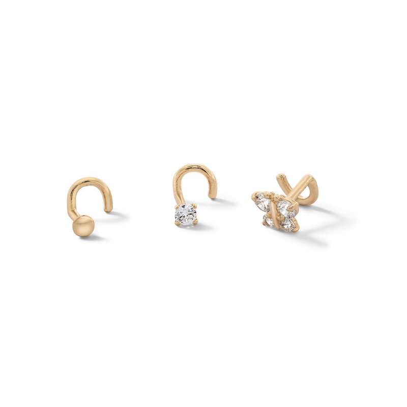 14K Semi-Solid, Hollow, and Solid Gold CZ Nose Stud Set - 20G