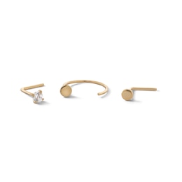 14K Semi-Solid Gold CZ Three Piece Nose Stud Set - 24G